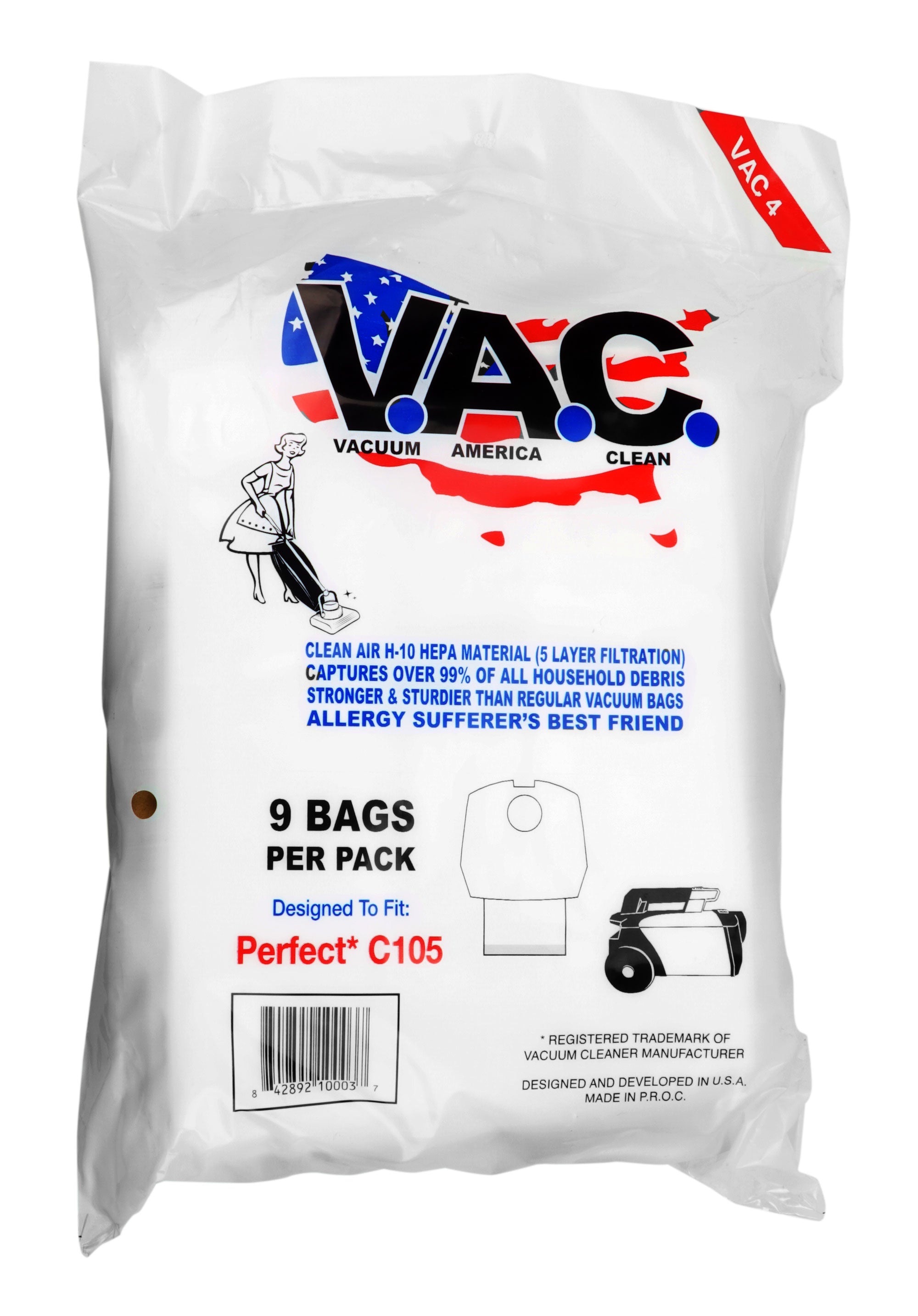 Microfilter Bag for Commercial Canister Vacuum Perfect C105 - Pack of 9 Bags