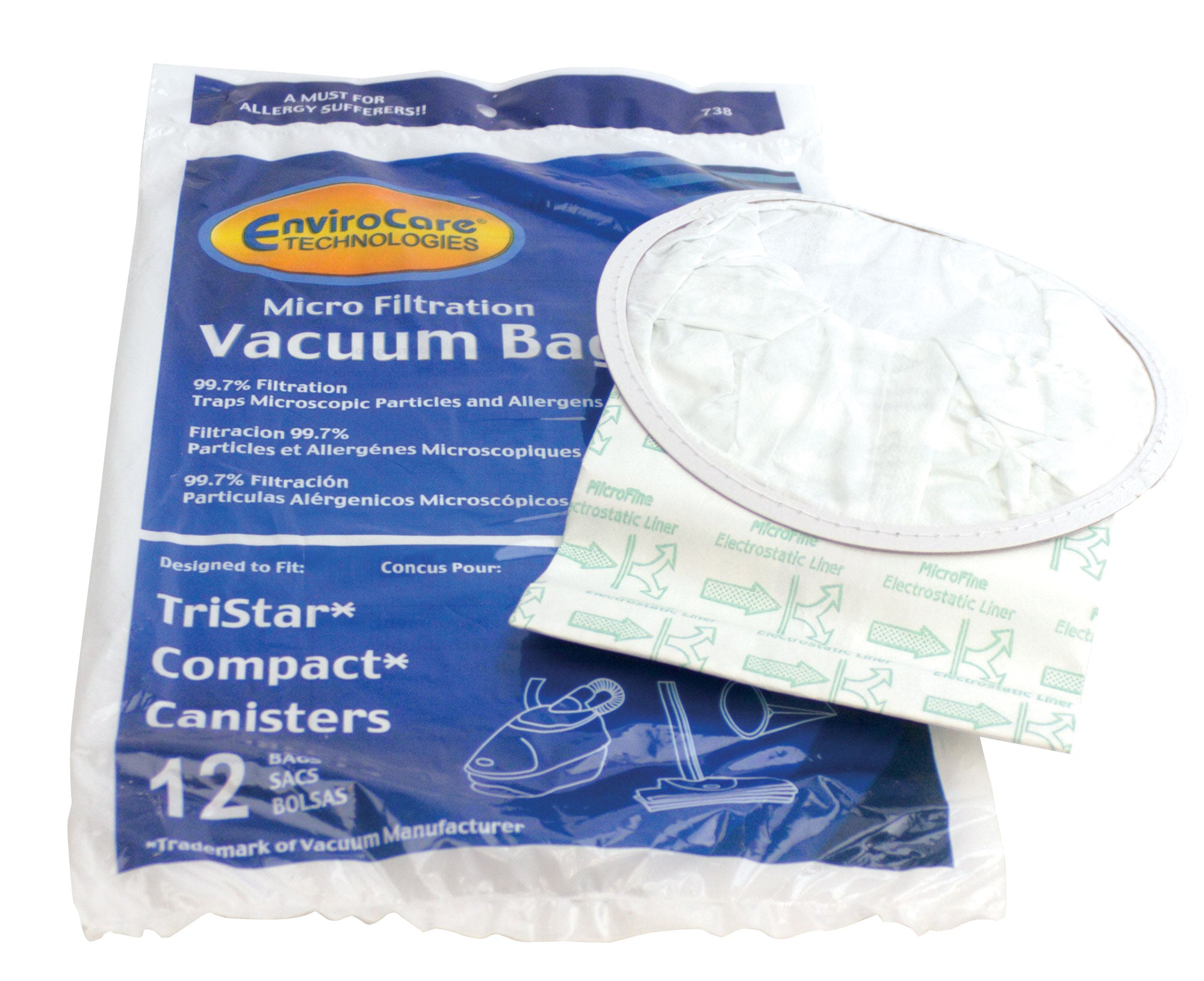 Microfilter Vacuum Bag for Compact and Tristar Canister Vacuum Cleaner - Pack of 12 Bags - Envirocare 738