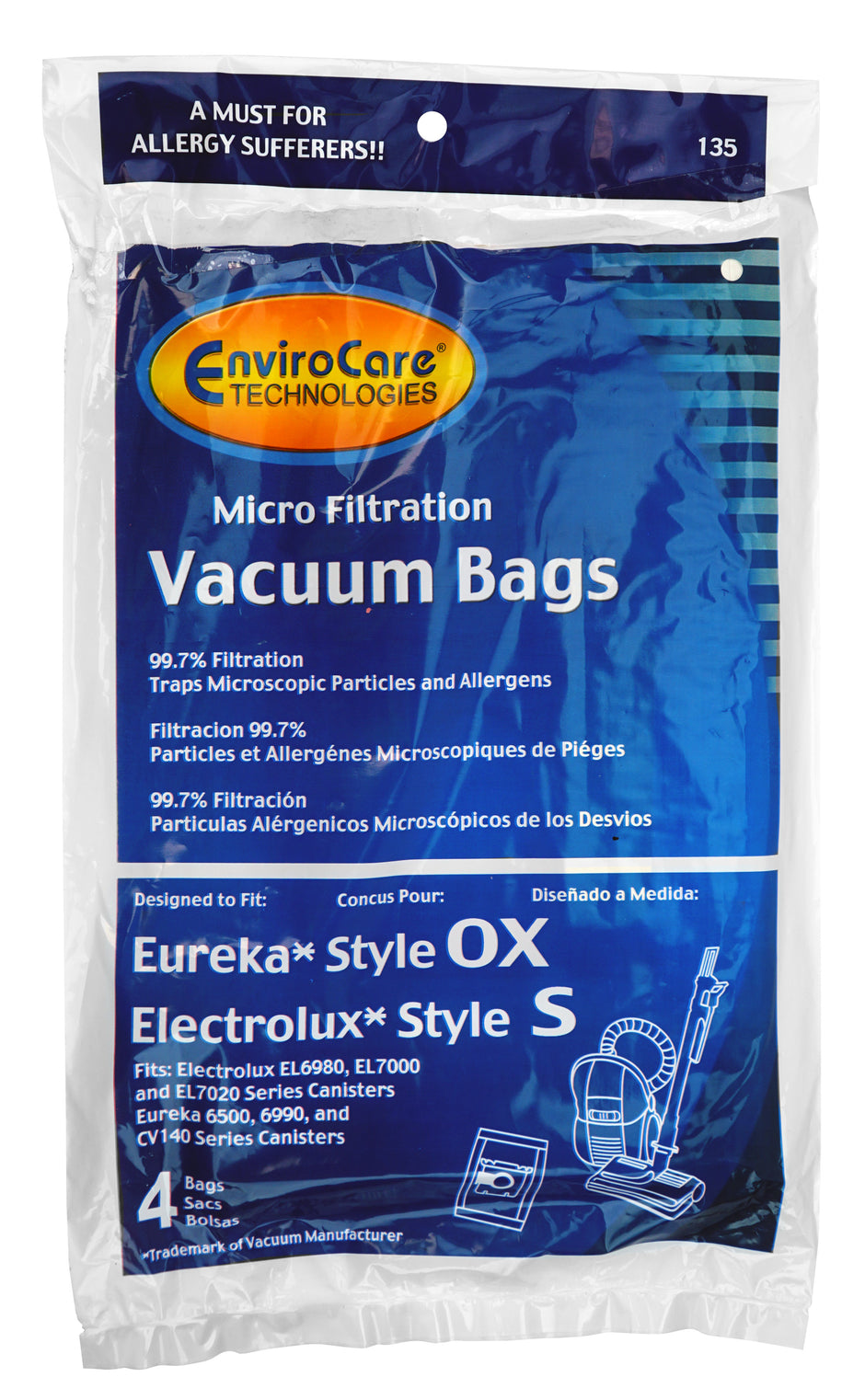 Microfilter Vacuum Bag for Electrolux Style S, Eureka Style OX - Harmony - Oxygen - Pack of 4 Bags - Envirocare 135
