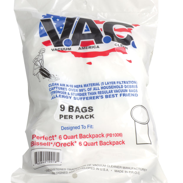 HEPA Microfilter Vacuum Bag for Back Pack - Perfect PB1006 - Bissel 6 Quarts - Oreck 6 Quarts - Pack of 9 Bags - Vac19