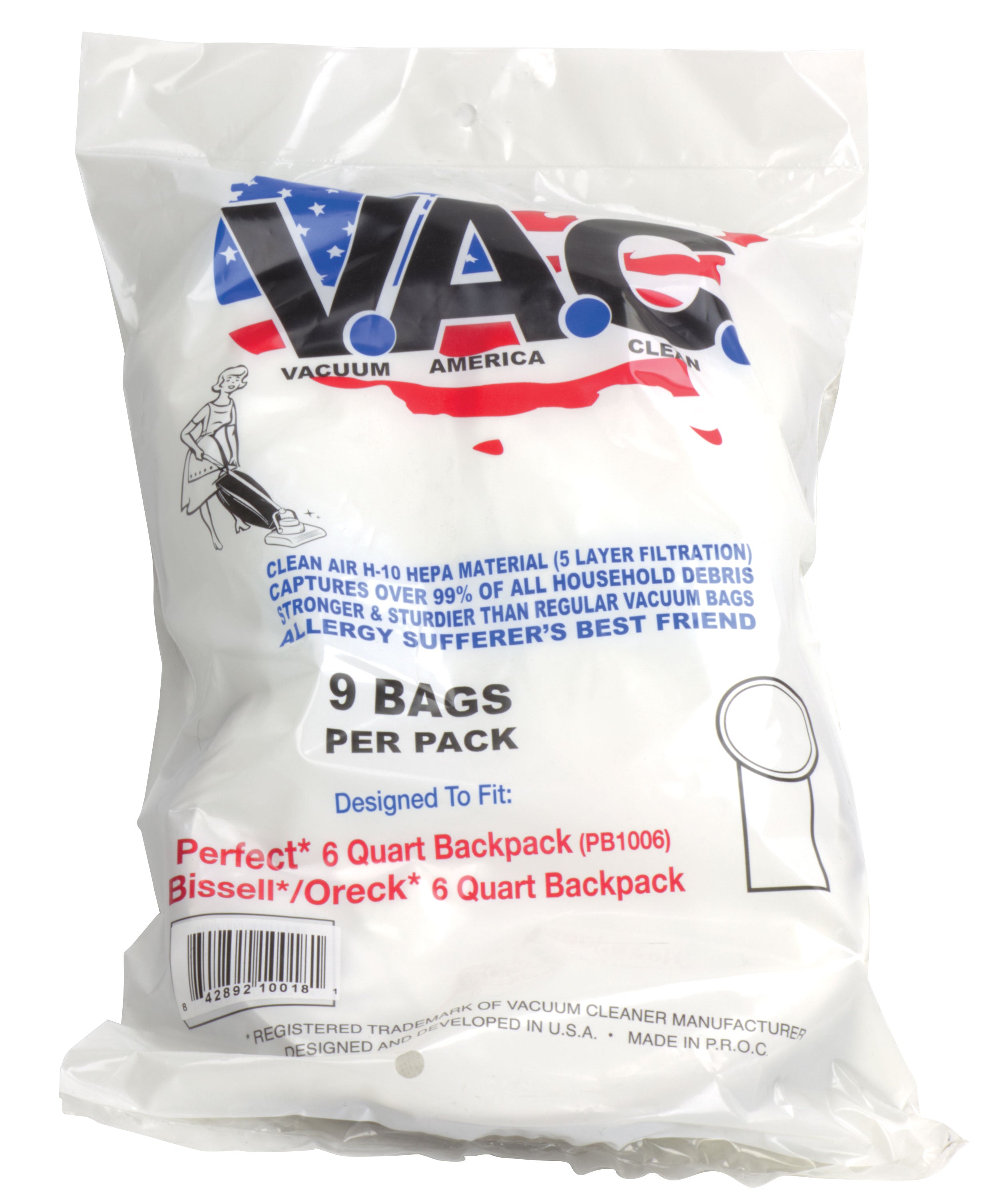 HEPA Microfilter Vacuum Bag for Back Pack - Perfect PB1006 - Bissel 6 Quarts - Oreck 6 Quarts - Pack of 9 Bags - Vac19