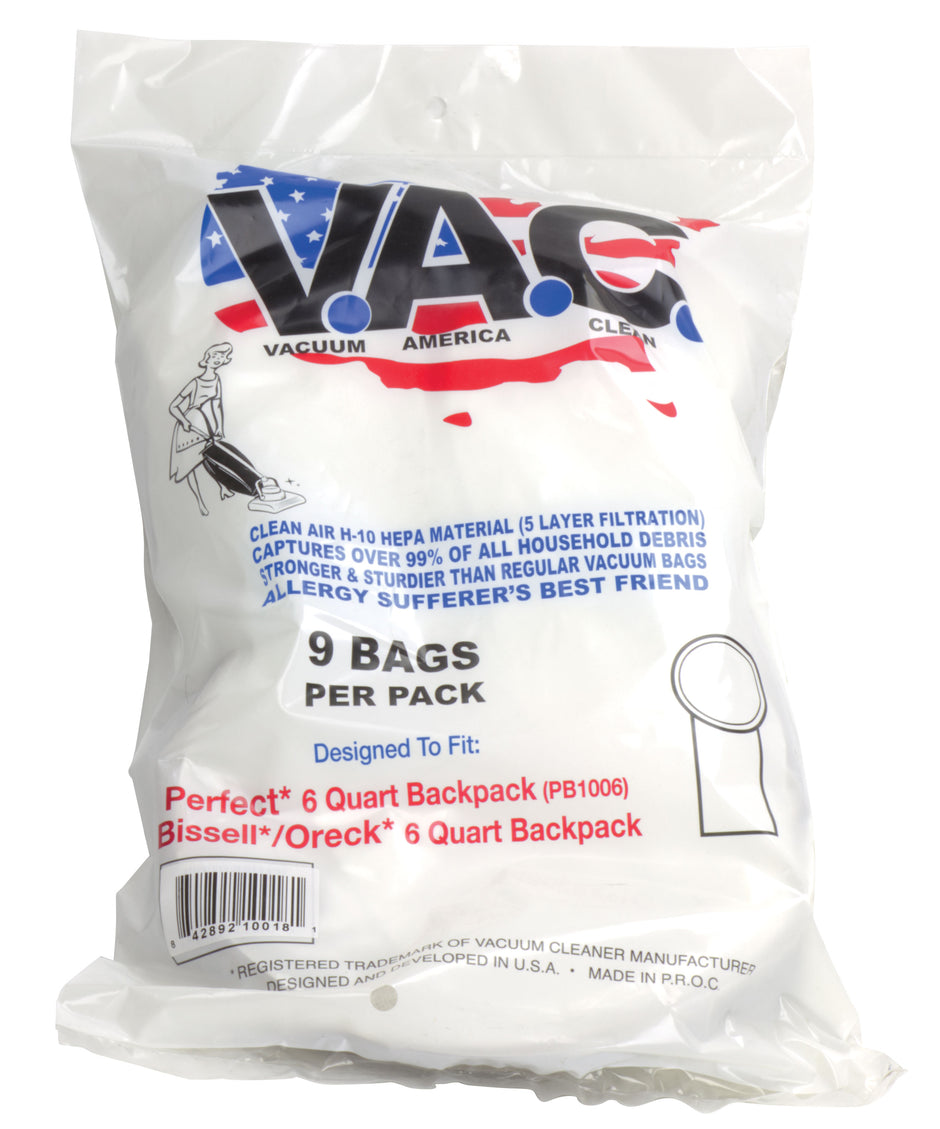 HEPA Microfilter Vacuum Bag for Back Pack - Perfect PB1006 - Bissel 6 Quarts - Oreck 6 Quarts - Pack of 9 Bags - Vac19