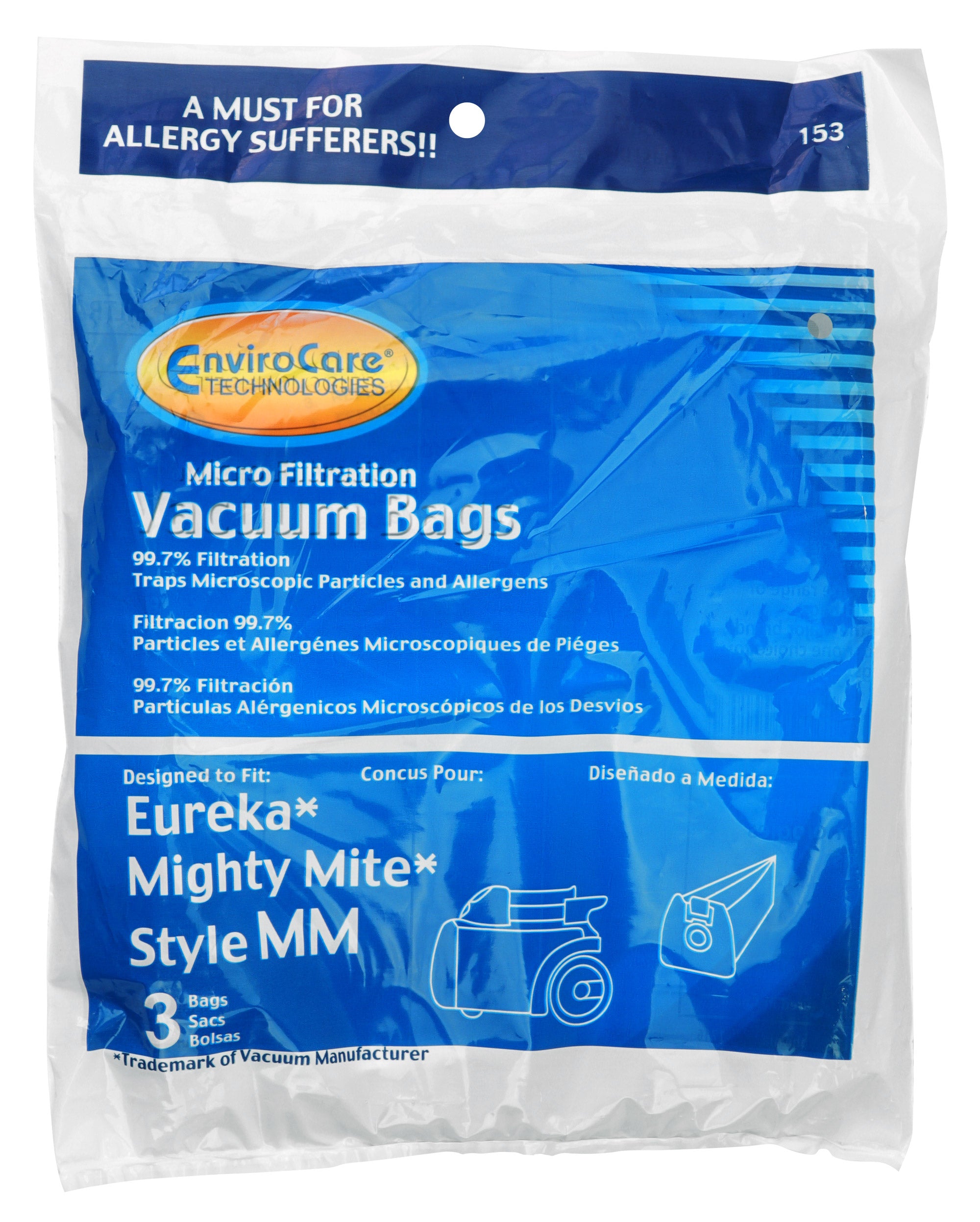 Microfilter Bag for Eureka, Mighty Mite and Style MM Vacuum - Pack of 3 Bags - Envirocare 153