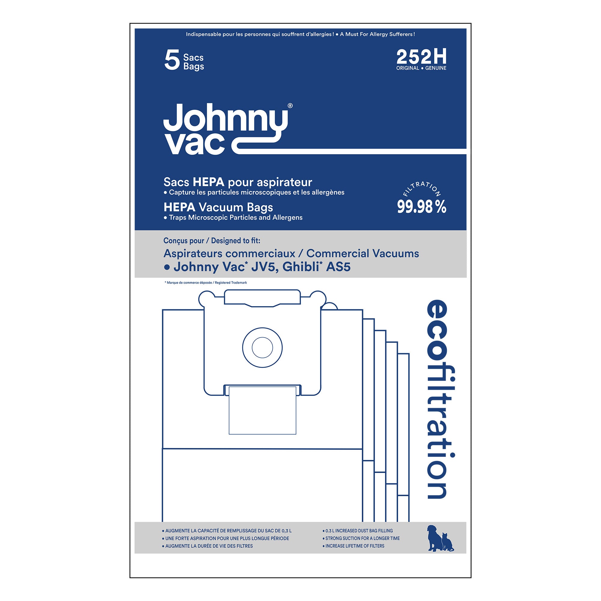 HEPA Microfilter Bag for Johnny Vac Commercial Vacuum JV5 and Ghibli AS5 - Pack of 5 Bags