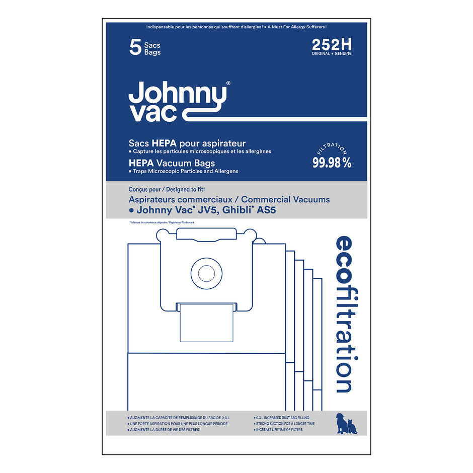 HEPA Microfilter Bag for Johnny Vac Commercial Vacuum JV5 and Ghibli AS5 - Pack of 5 Bags