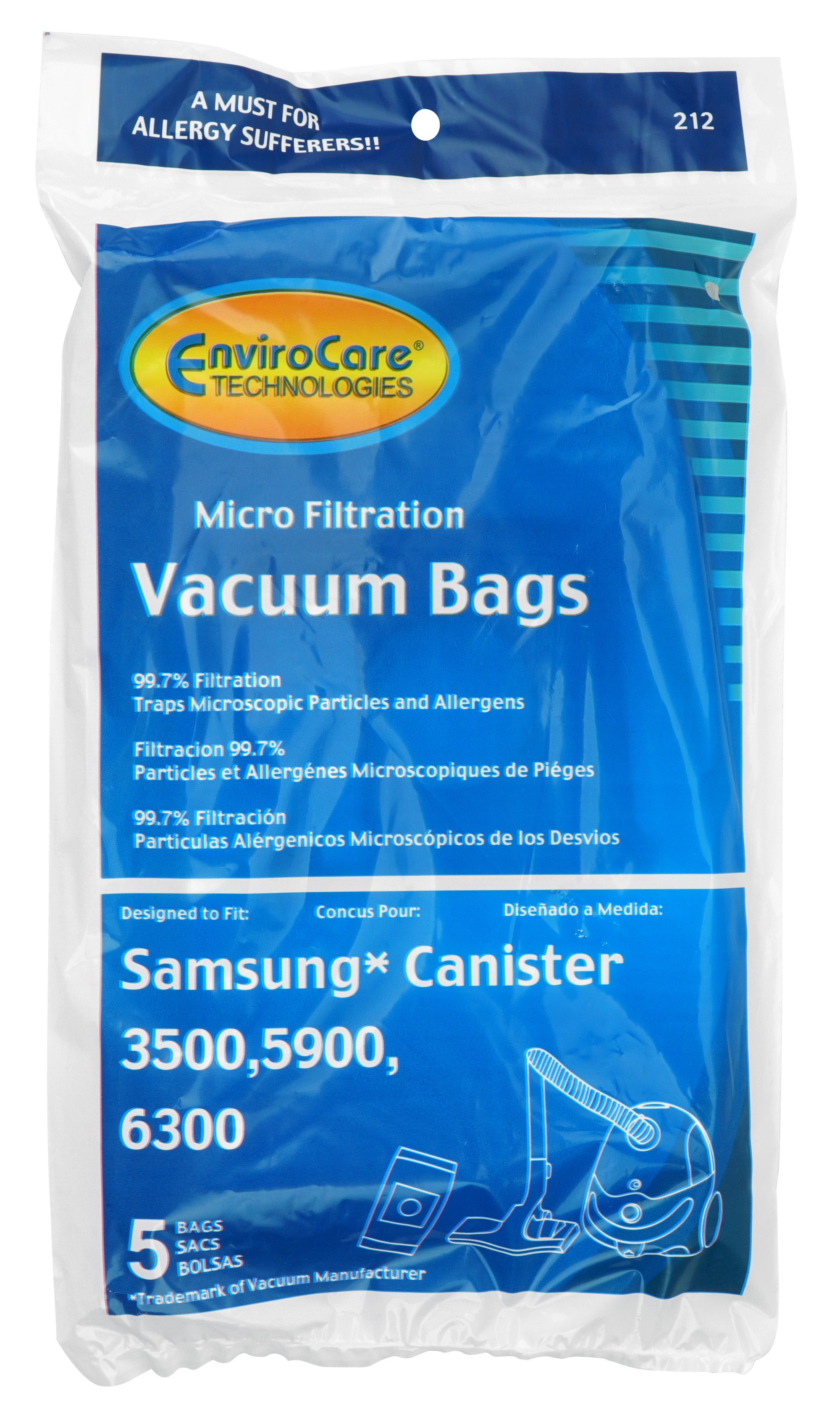Microfilter Bag for Samsung Canister Vacuum Models 3500, 5900 and 6300 - Pack of 5 Bags - Envirocare 212