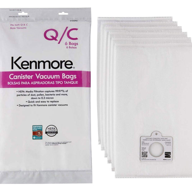 Kenmore HEPA Vacuum Bags for Canister Vacuum USA Type Q/C - Canada 20-50410 - Media Filtration Synthetic - Q/C53292 - Pack of 6 Bags