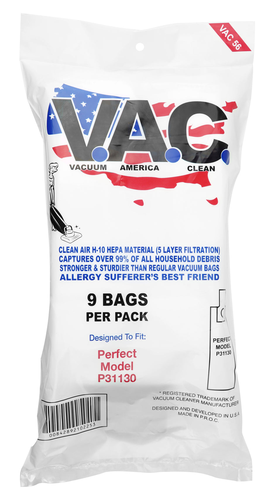 Paper Bags for Perfect Vacuum Cleaner, P31130 Model, Pack of 9 bags - 5 Layer Filtration