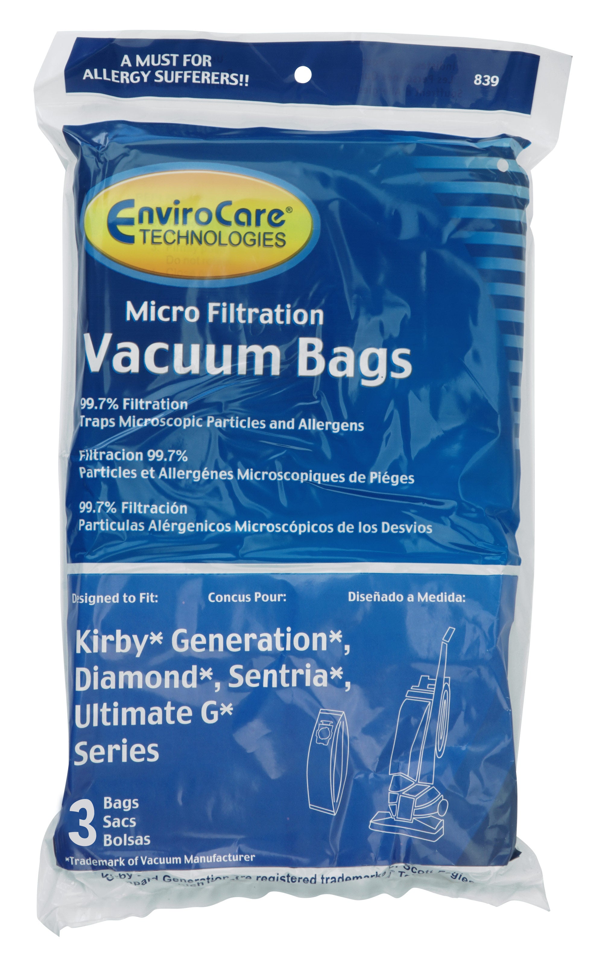 Microfilter Bag for Kirby Generation Vacuum - Pack of 3 Bags - Envirocare 839