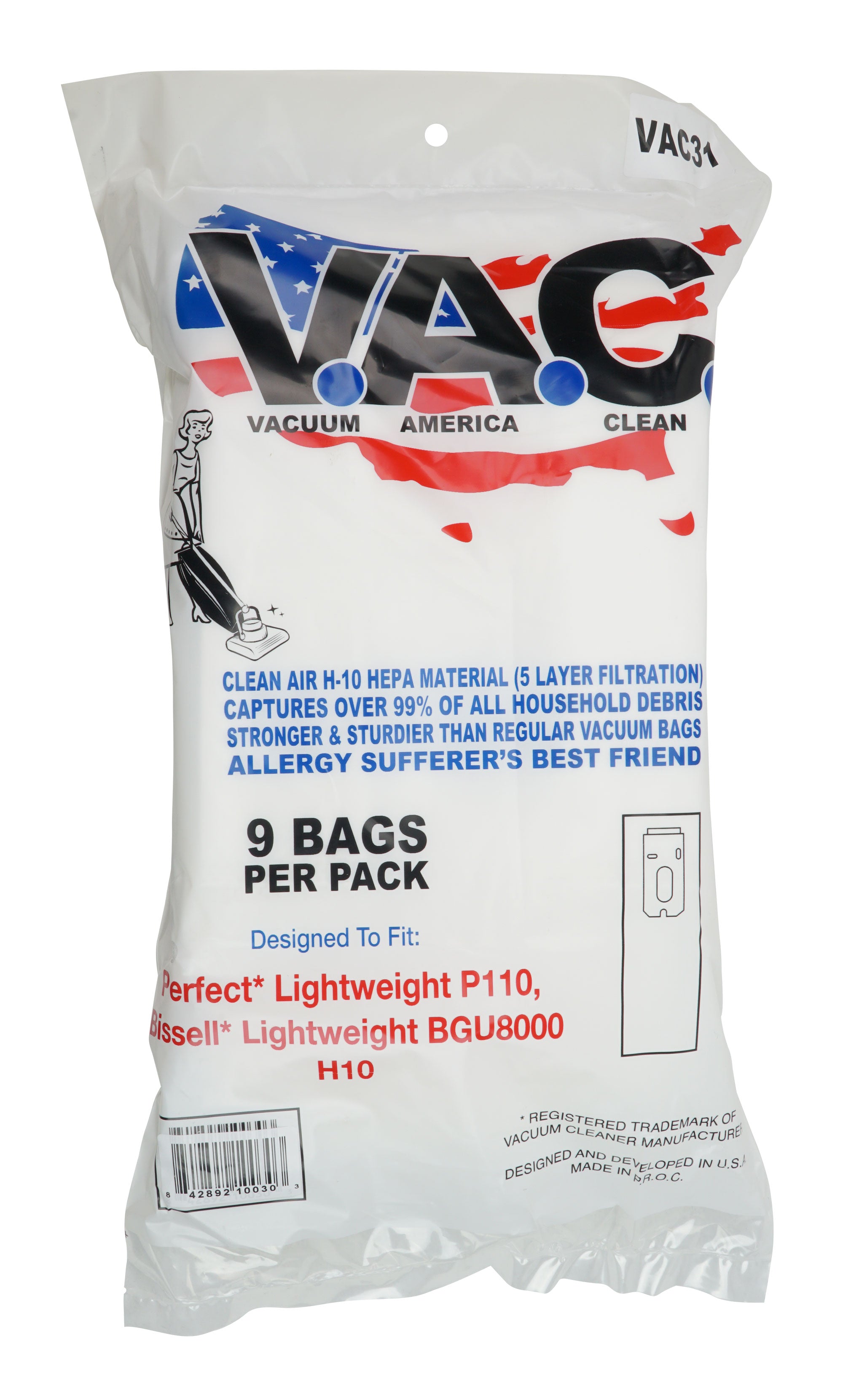 Microfiber Bag - HEPA Filtration by V.A.C. - Fits On Bissell Lightweight BGU8000 H10 and Perfect Lightweight P110 Vacuums - Pack of 9 Bags - VAC31 - 842892100303