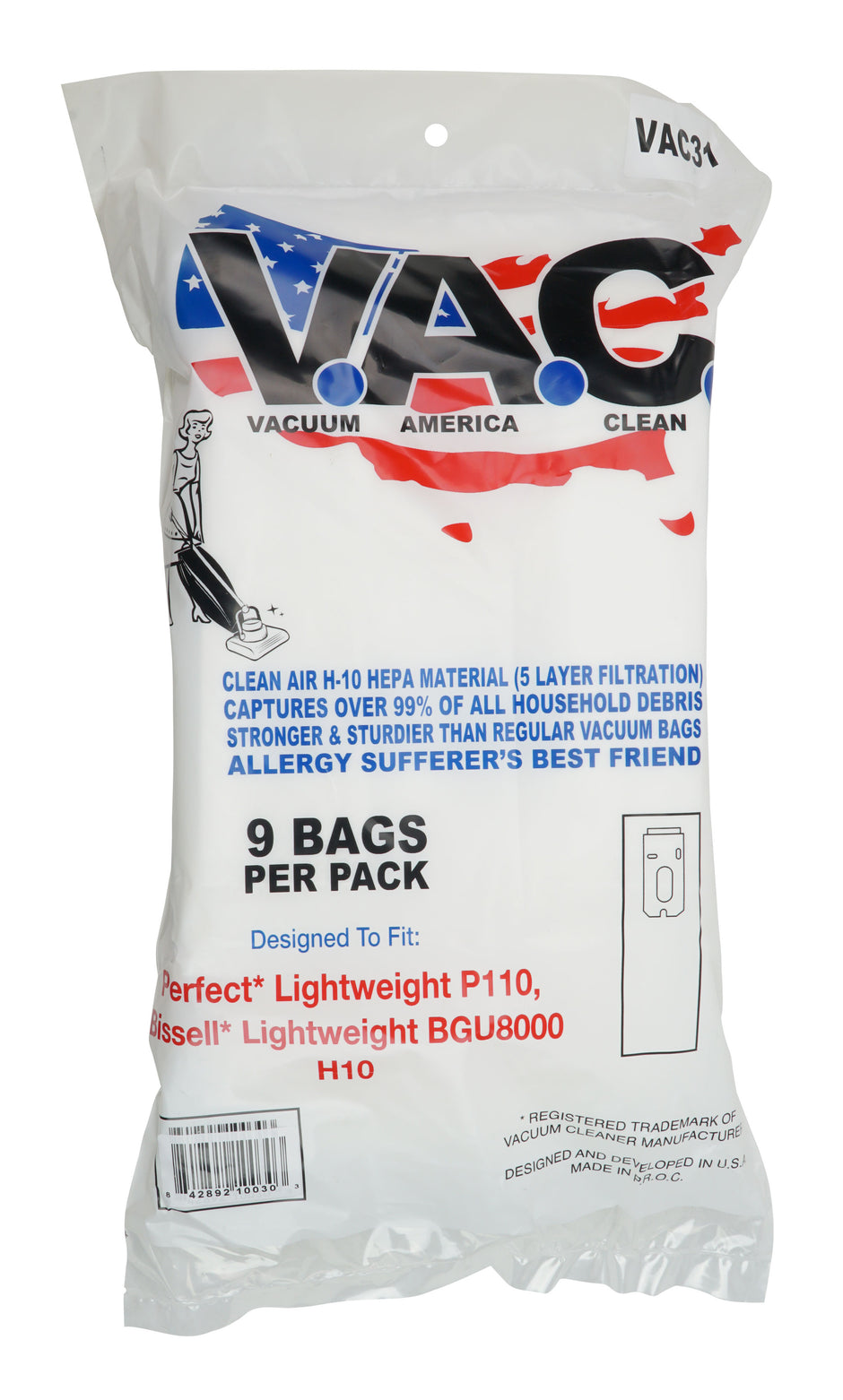 Microfiber Bag - HEPA Filtration by V.A.C. - Fits On Bissell Lightweight BGU8000 H10 and Perfect Lightweight P110 Vacuums - Pack of 9 Bags - VAC31 - 842892100303