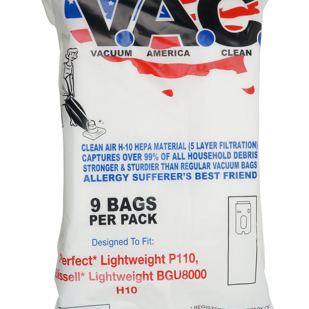 Microfiber Bag - HEPA Filtration by V.A.C. - Fits On Bissell Lightweight BGU8000 H10 and Perfect Lightweight P110 Vacuums - Pack of 9 Bags - VAC31 - 842892100303