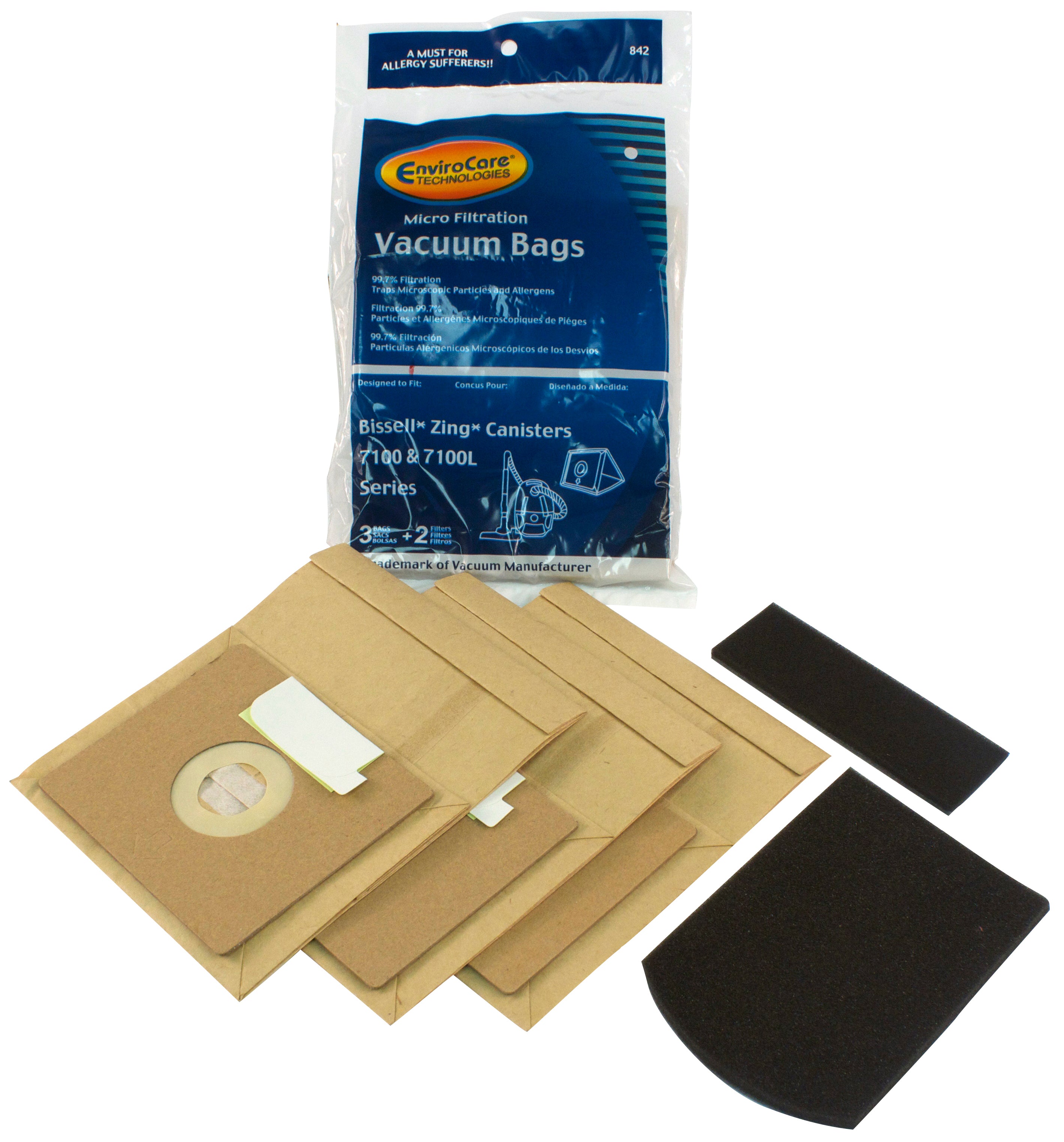 Paper Bag for Bissell Zing 7100 and 7100L Vacuum - Pack of 3 Bags + 2 Filters - Envirocare 842