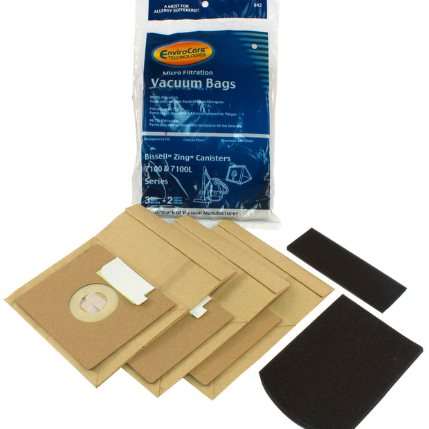 Paper Bag for Bissell Zing 7100 and 7100L Vacuum - Pack of 3 Bags + 2 Filters - Envirocare 842