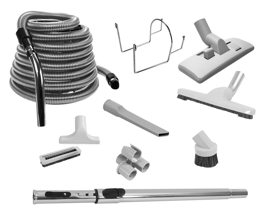Central Garage Vacuum Kit - 35' (10,6 m) Hose - Floor Brush - Dusting Brus - Upholstery Brush - Crevice Tool - Telescopic Wand - Hose and Tools Hangers - Grey