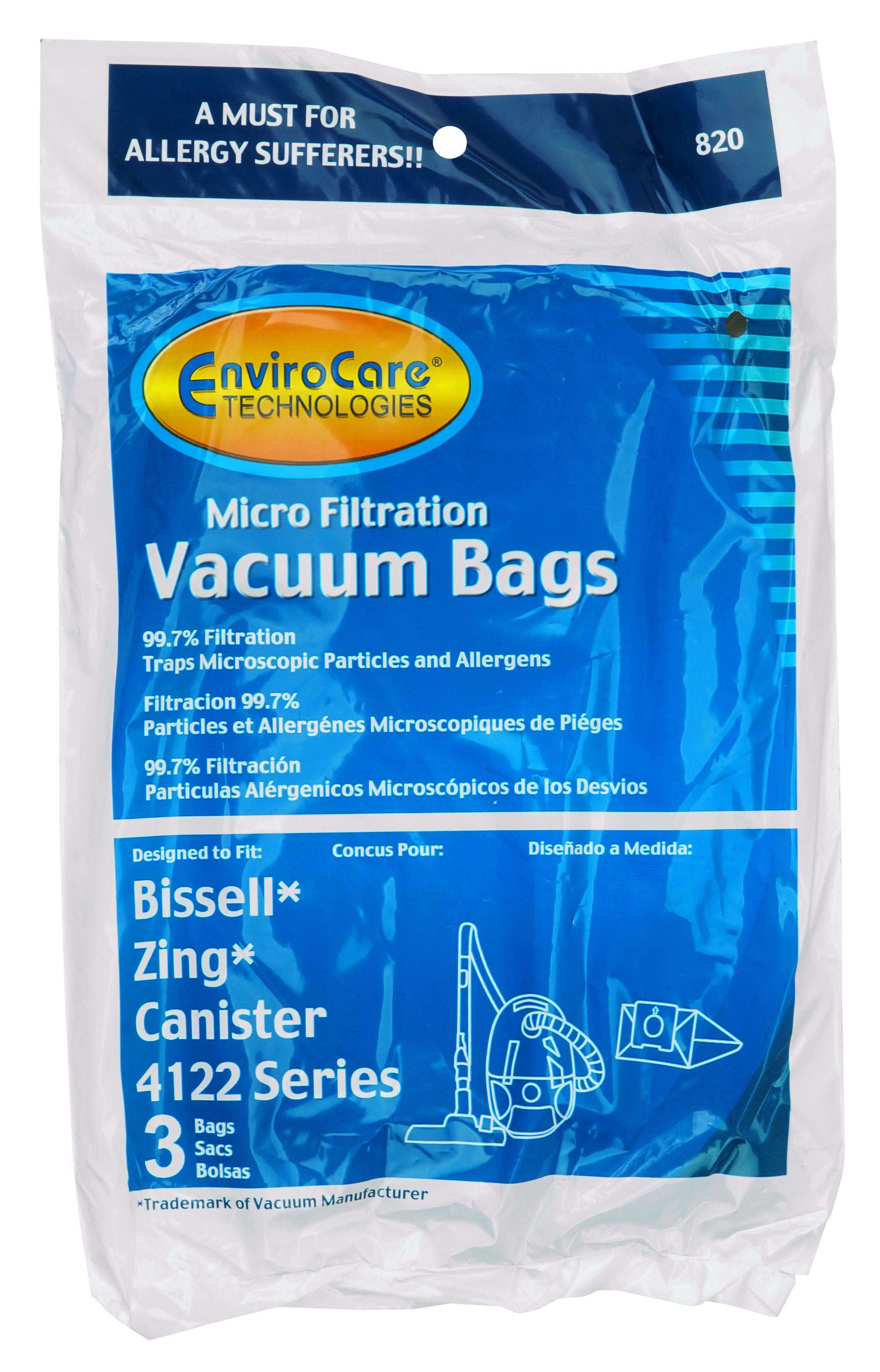 Microfilter Bag for Bissell Zing 4122 Series Canister Vacuum - Pack of 3 Bags - Envirocare 820