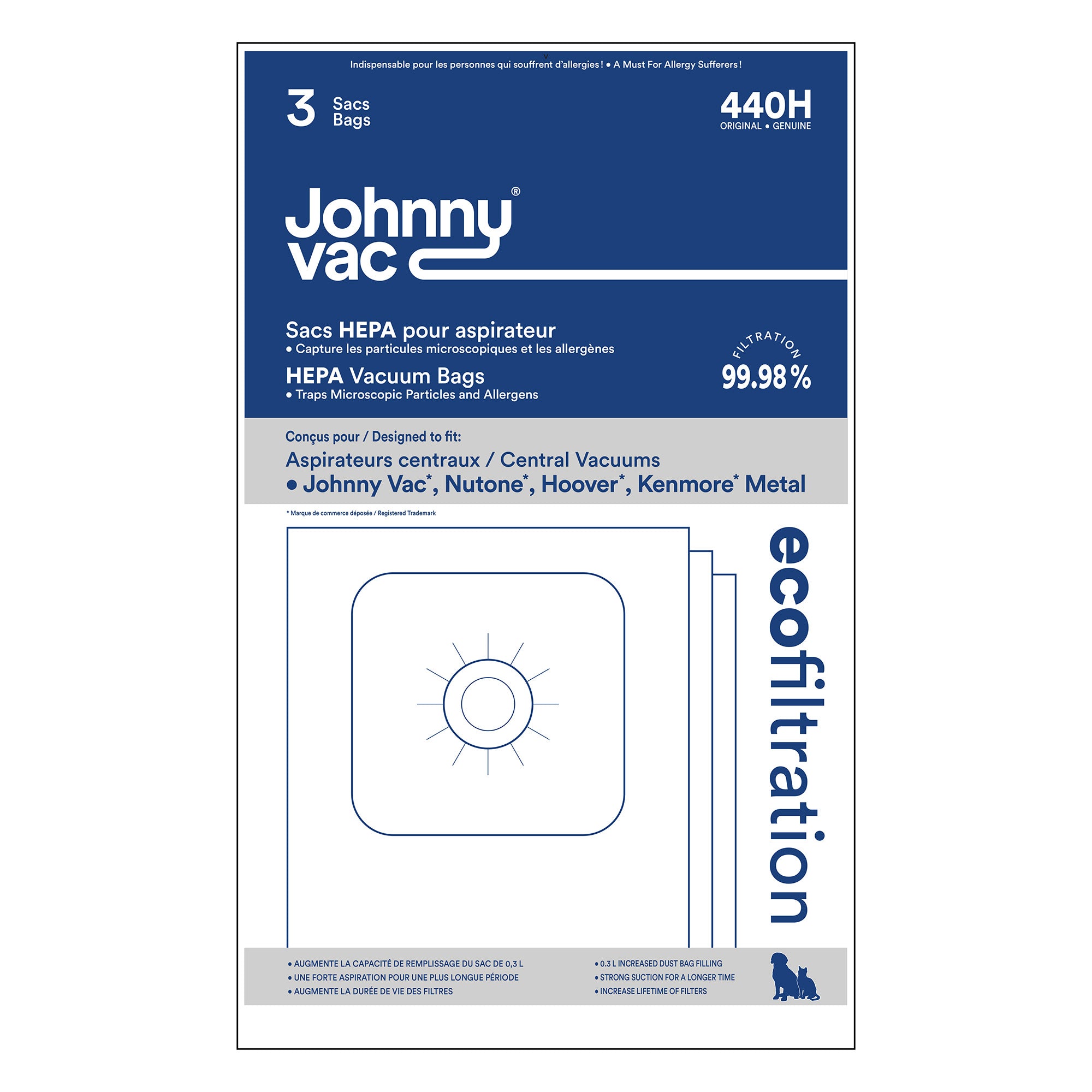 HEPA Microfilter Bag for Central Vacuum Johnny Vac, Rhinovac, Nutone, Hoover, Kenmore and Many More - Pack of 3 Bags