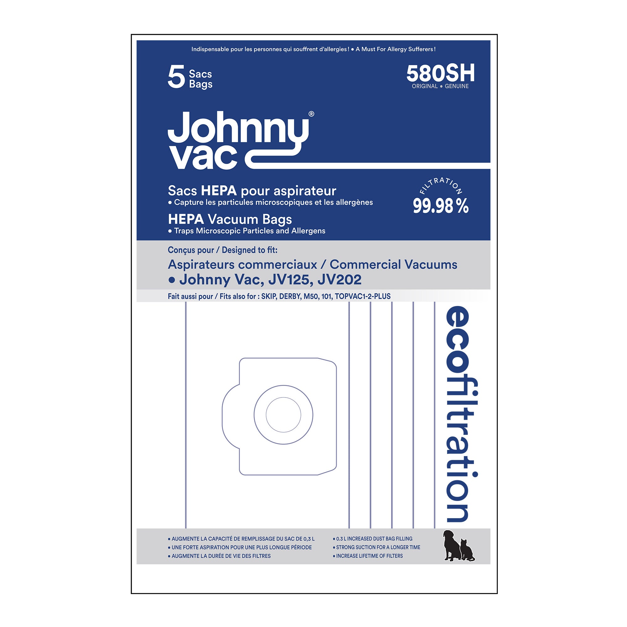 HEPA Microfilter Bag for Johnny Vac Vacuum JV125 and JV202 - Pack of 5 Bags