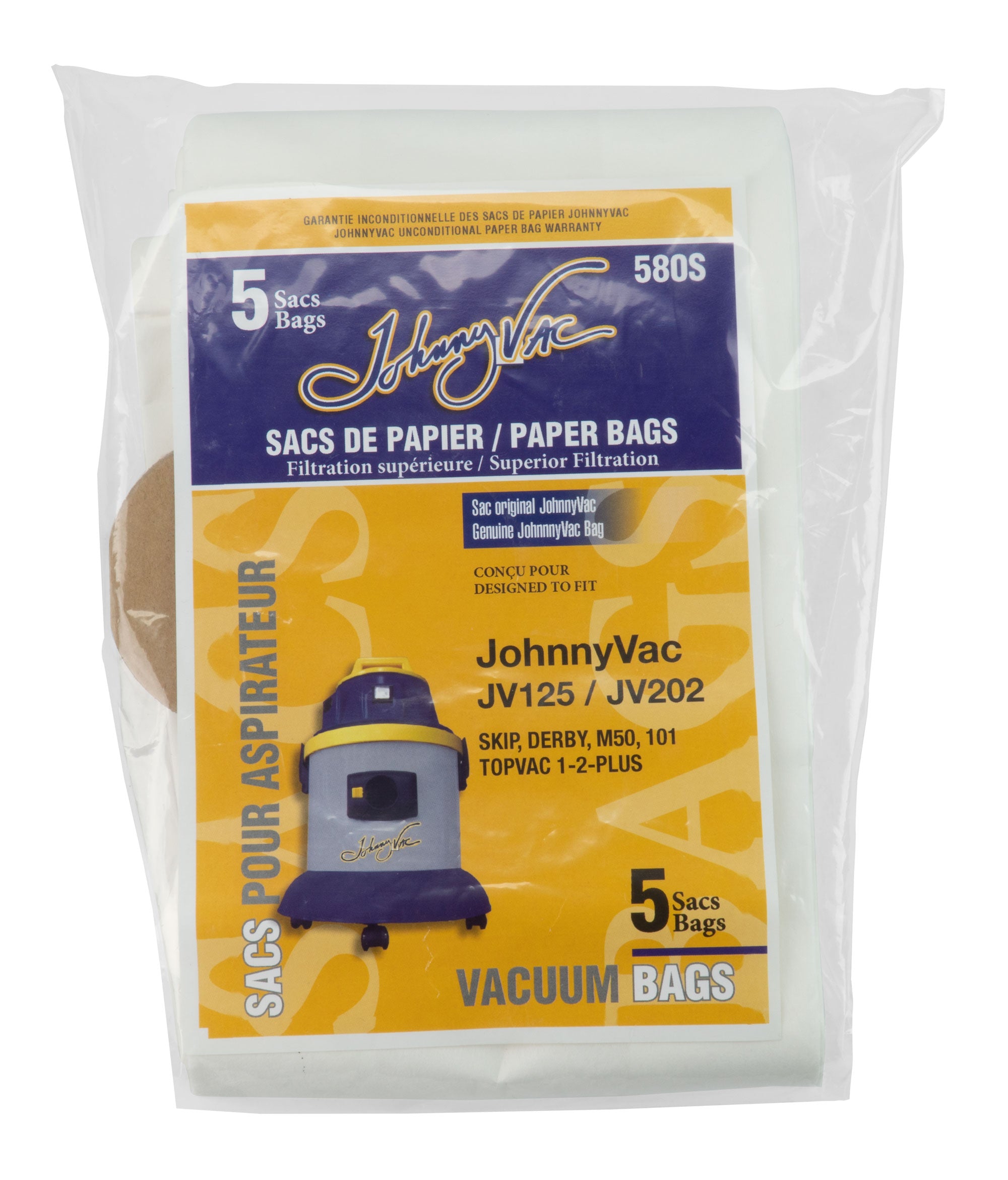 Paper Bag for Johnny Vac Vacuum JV125 and JV202 - SKIP, Derby, M50, 101, Topvac 1-2-PLUS - Pack of 5 Bags