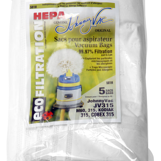 HEPA Microfilter Bag for Johnny Vac JV315 et M60, 315 Kodiak 315, Cobex 315 Vacuum - Pack of 5 Bags