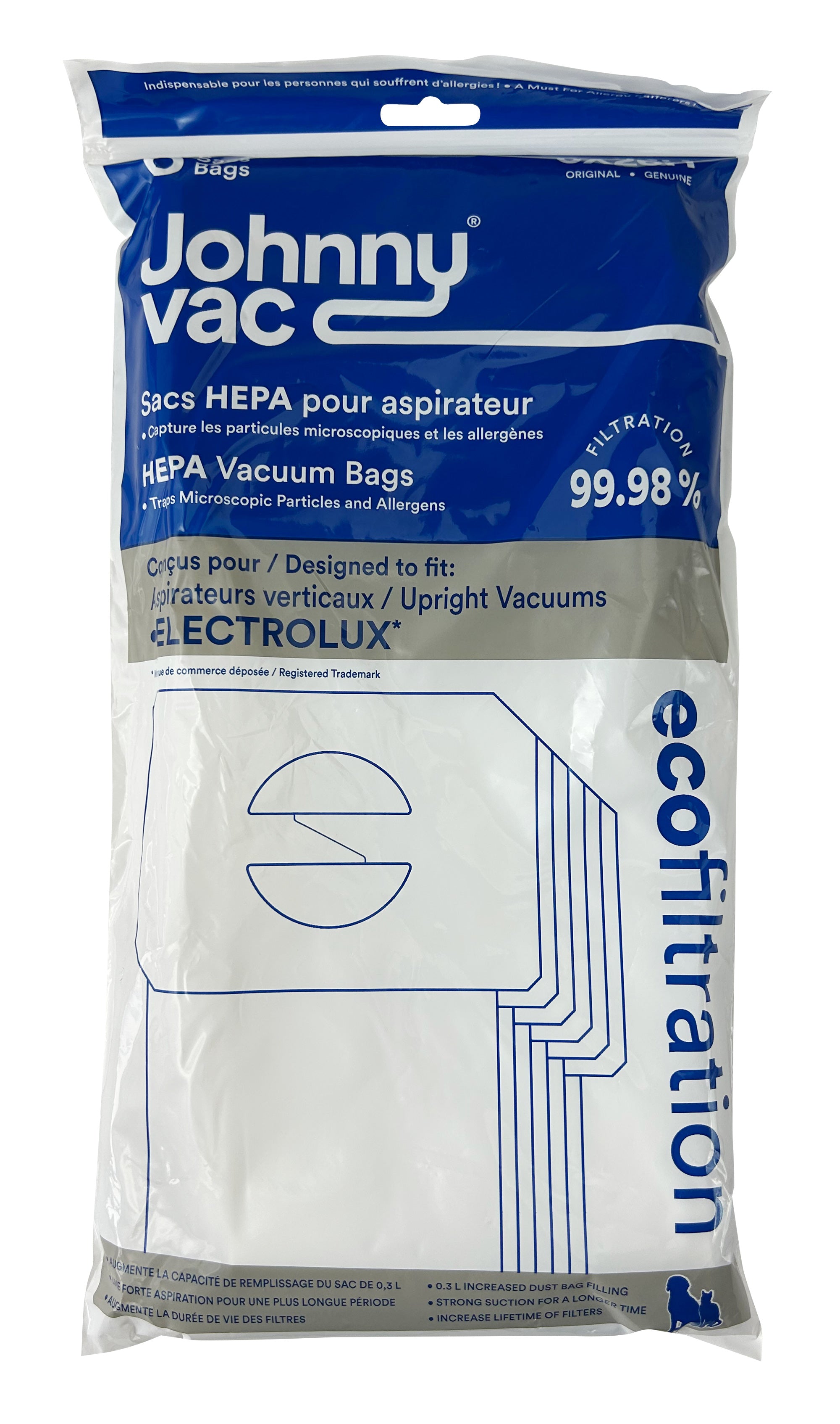 HEPA Microfilter Bag for Electrolux Upright Vacuum - Pack of 6 Bags - Envirocare 138HJV