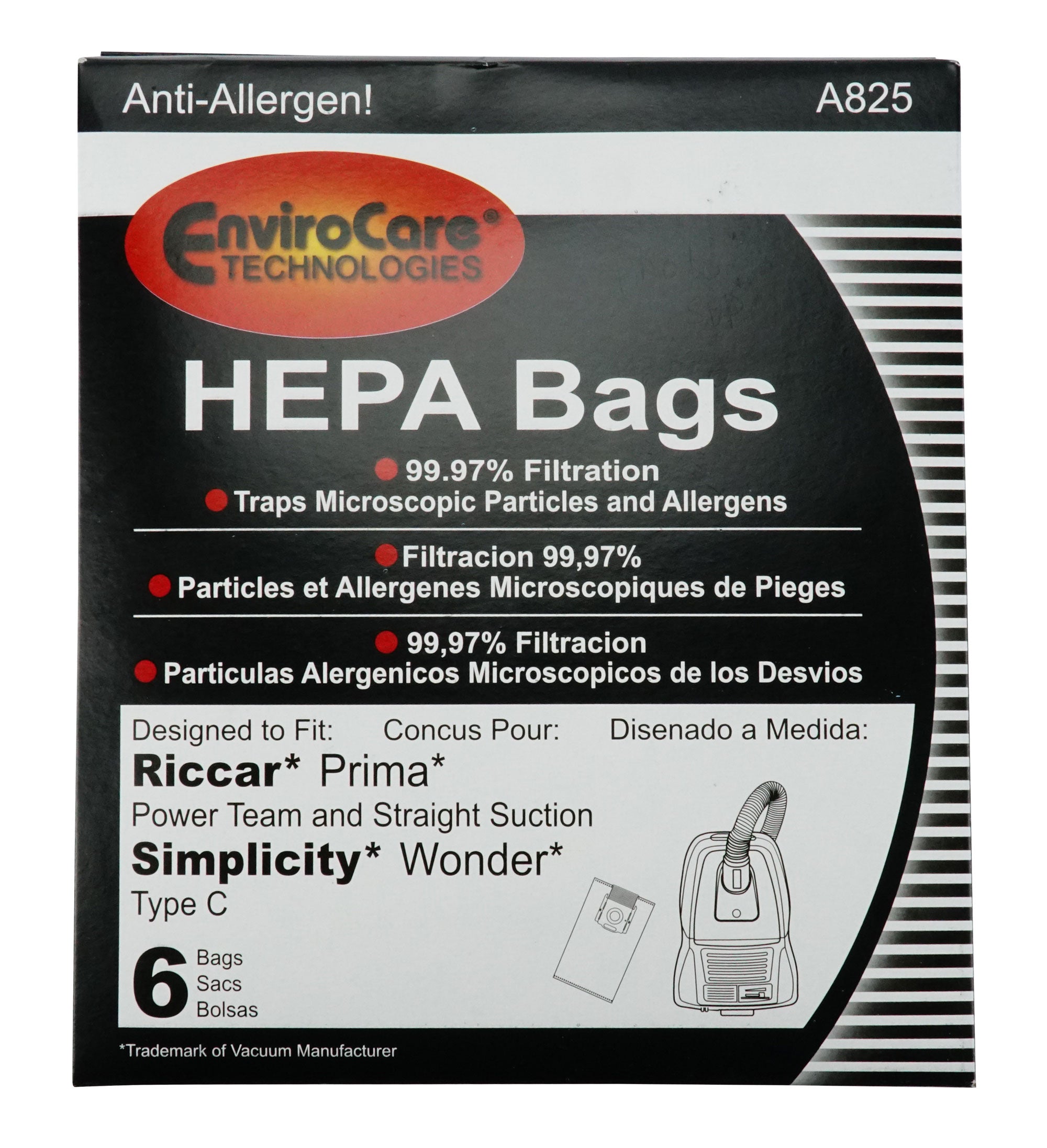 HEPA Microfiltation Bags for Riccar Prima & Simplicity Wonder Canister Vacuums - Pack of 6 Bags - Envirocare A825