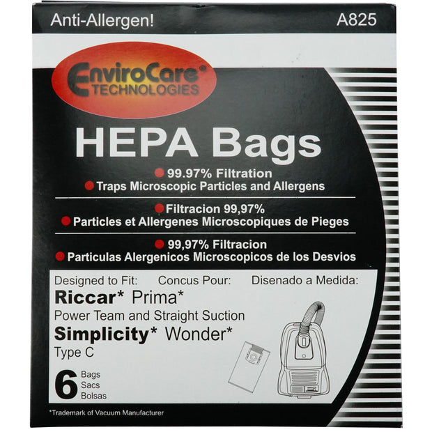 HEPA Microfiltation Bags for Riccar Prima & Simplicity Wonder Canister Vacuums - Pack of 6 Bags - Envirocare A825