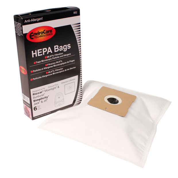 HEPA Microfilter Bag for Riccar Moonlight et Sunburst, Simplicity Jack et Jill  Vacuum - Pack of 6 Bags - Envirocare 852