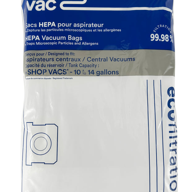 Microfilter HEPA Bag for Shop Vac Vacuum - Tank Capacity of 10 to 14 gallons (45.5 L to 63.6 L) - Pack of 3 Bags - 90672
