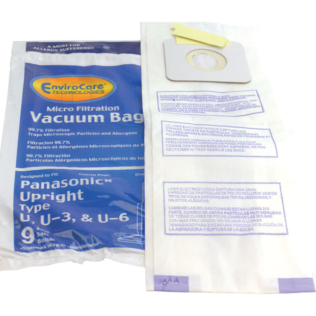 Microfilter Bag for Panasonic Type U Vacuum - Pack of 9 Bags - Envirocare 816-9
