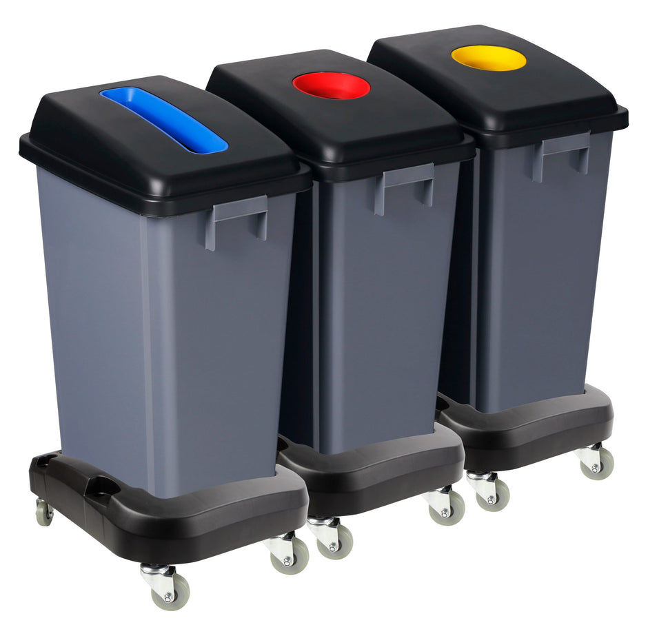 Recycling Station - 3 Bins - Sorting by Color - Capacity of 13.2 gal  (60 L) Each - on Wheels - Grey