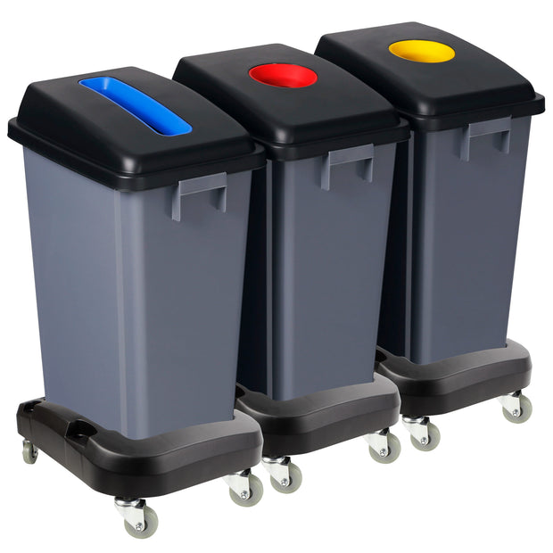 Recycling Station - 3 Bins - Sorting by Color - Capacity of 13.2 gal  (60 L) Each - on Wheels - Grey