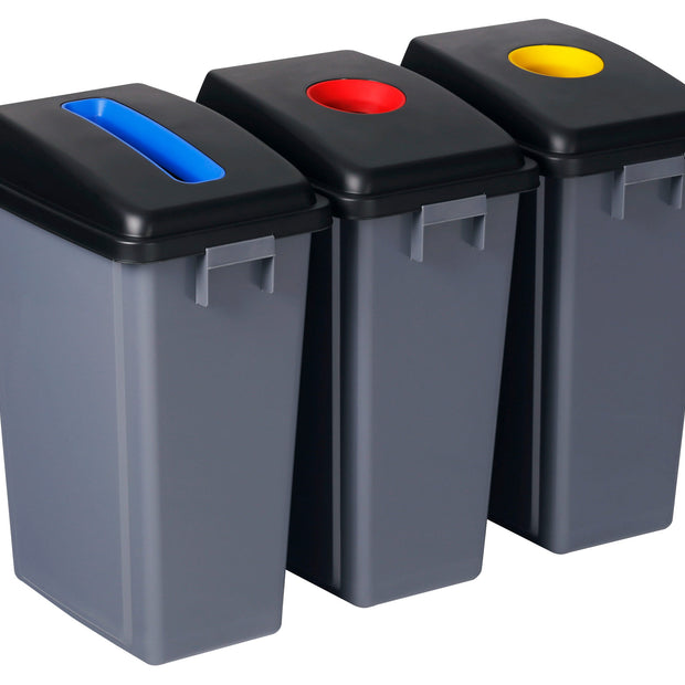 Recycling Station - 3 Bins - Sorting by Color - Capacity of 13.2 gal  (60 L) Each - Grey