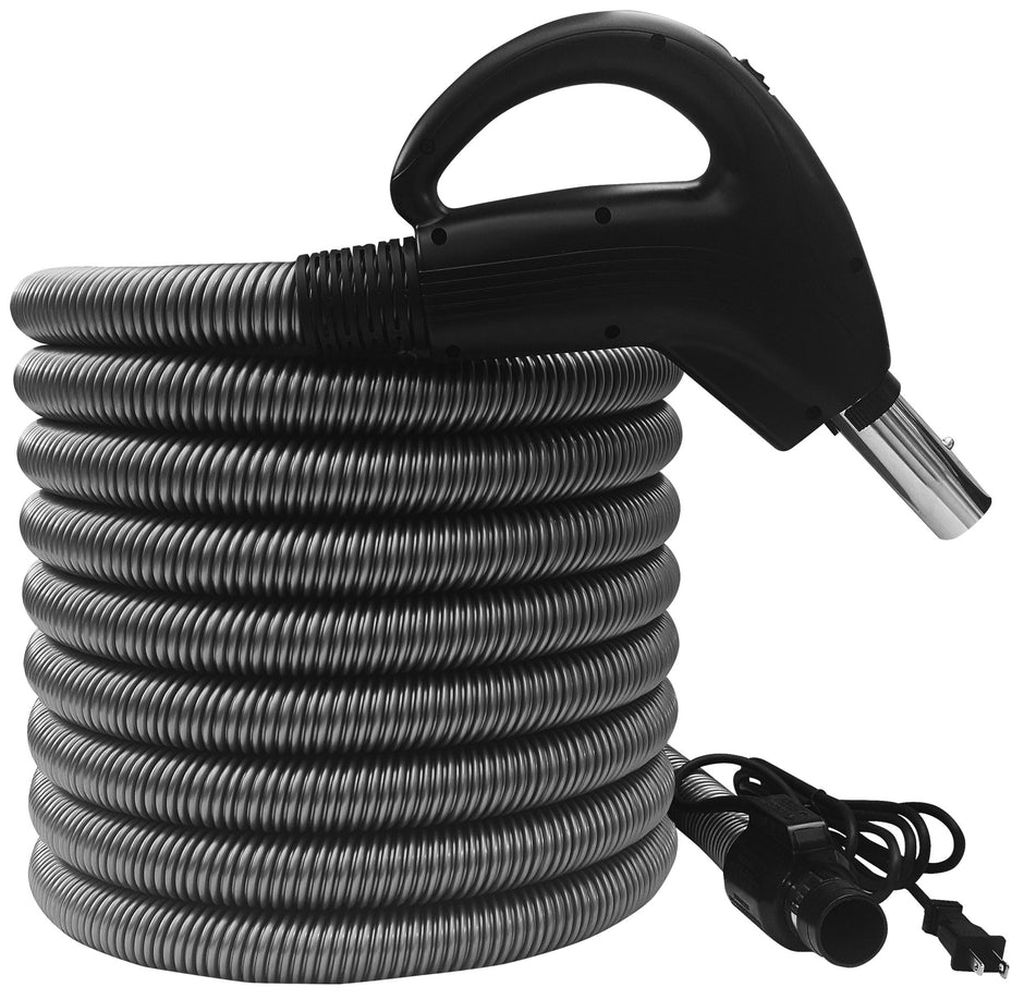 Electrical Hose for Central Vacuum - 35' (10 m) - 1 1/4" (32 mm) dia - Grey - Gas Pump Handle - On/Off Button - Power Nozzle Compatible - Button Lock - Plastiflex SV902114035BCU