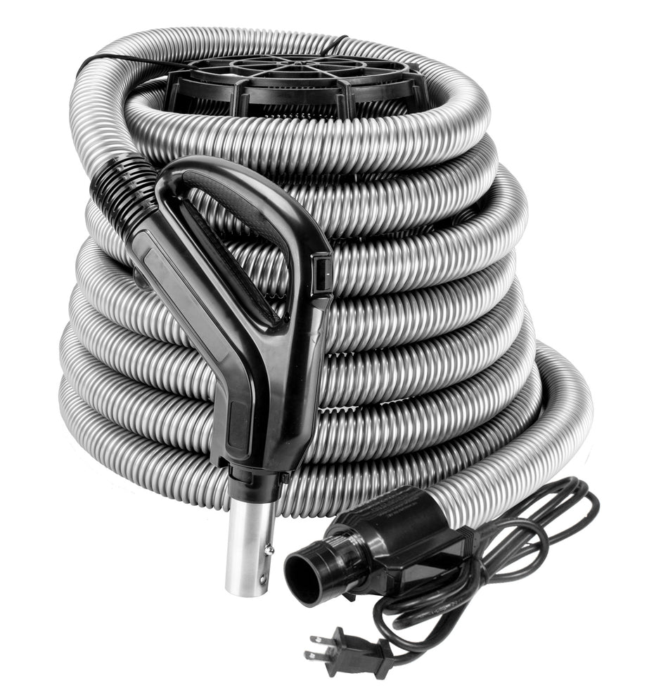 Electrical Hose 35' Comfort Flex for Central Vacuum - (10 m) - 1 3/8" (35 mm) dia - Silver - Gas Pump Handle - On/Off Button - Power Nozzle Compatible - Button Lock