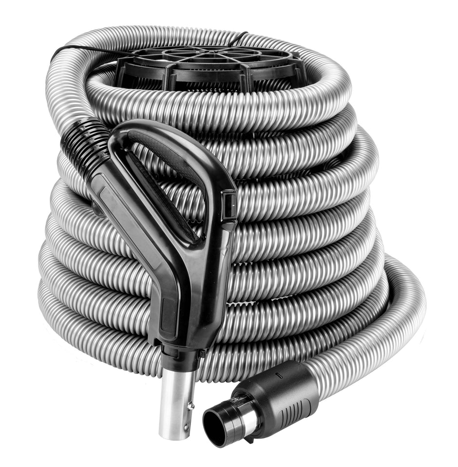 Hose 30' Comfort Flex for Central Vacuum -(9 m) - 1 3/8" (35 mm) dia - Silver - Ergonomic Handle with Foam Grip and 360Â° Swivel - On/Off Button - Button Lock