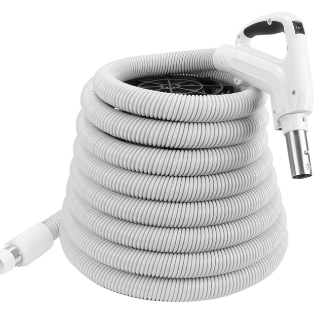 Hose 30' Comfort Flex for Central Vacuum -(9 m) - 1 3/8" (35 mm) dia - Ergonomic Handle with Foam Grip and 360Â° Swivel - Grey - Button Lock - On/Off Button