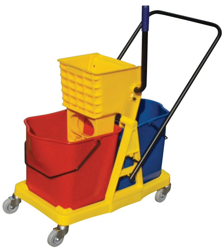 Mobile Mopping Trolley with Buckets and  Side Press Wringer - 12 gal (46 L) - Red, Blue and Yellow