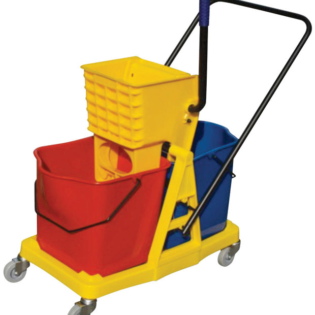 Mobile Mopping Trolley with Buckets and  Side Press Wringer - 12 gal (46 L) - Red, Blue and Yellow