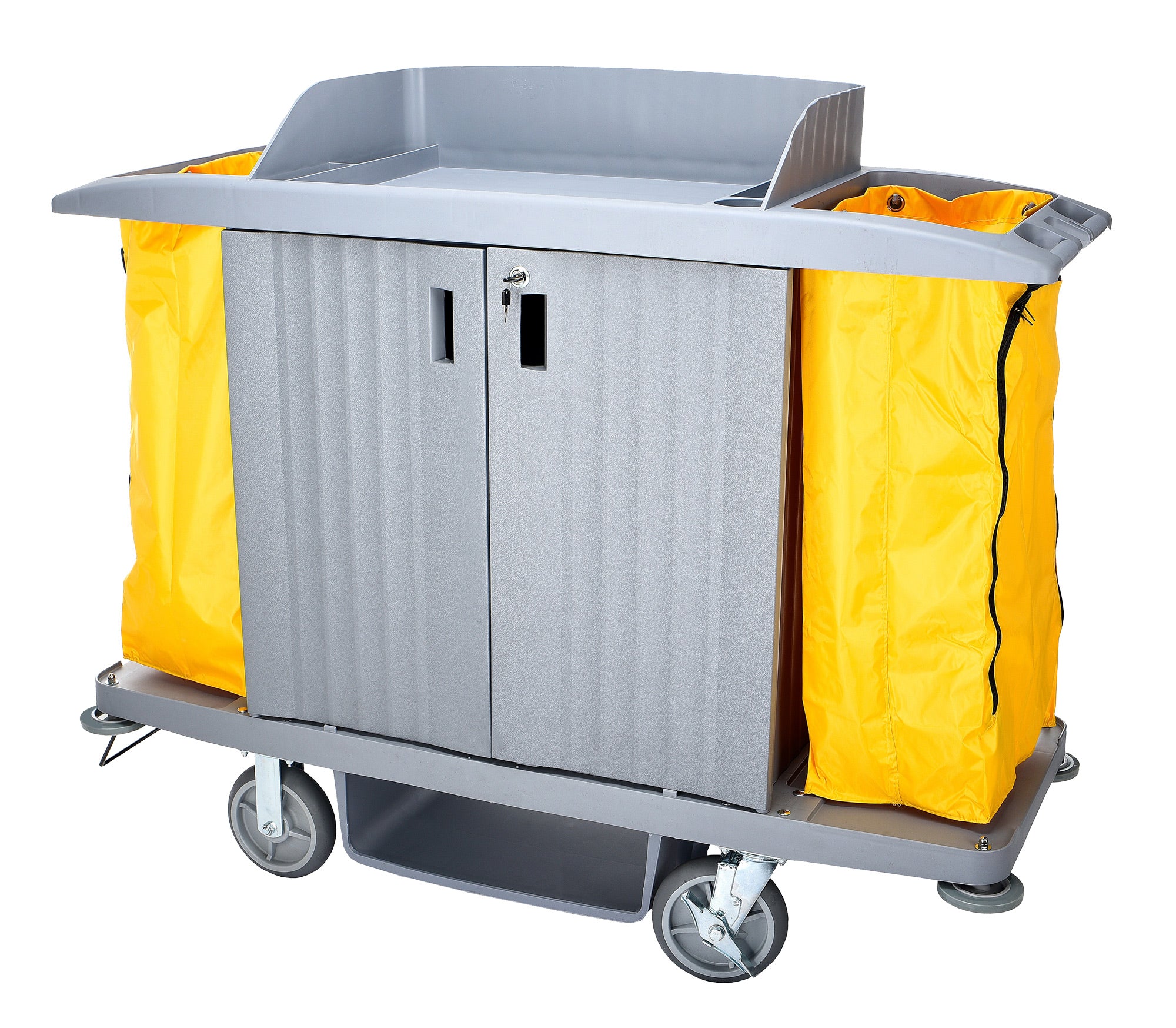 Large Capacity Janitorial Cart with Lockable Doors - Three Shelves - Swivel Wheels - Grey