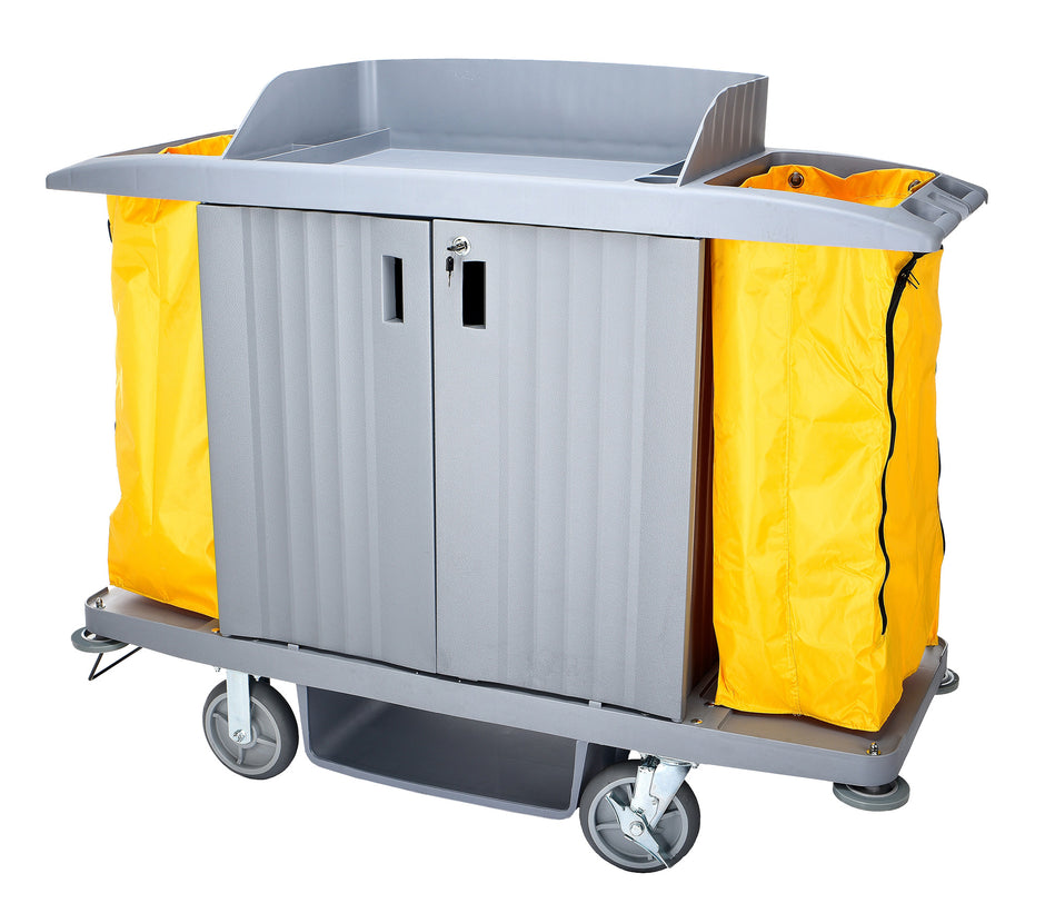 Large Capacity Janitorial Cart with Lockable Doors - Three Shelves - Swivel Wheels - Grey