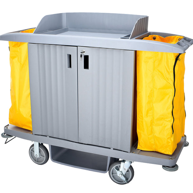 Large Capacity Janitorial Cart with Lockable Doors - Three Shelves - Swivel Wheels - Grey