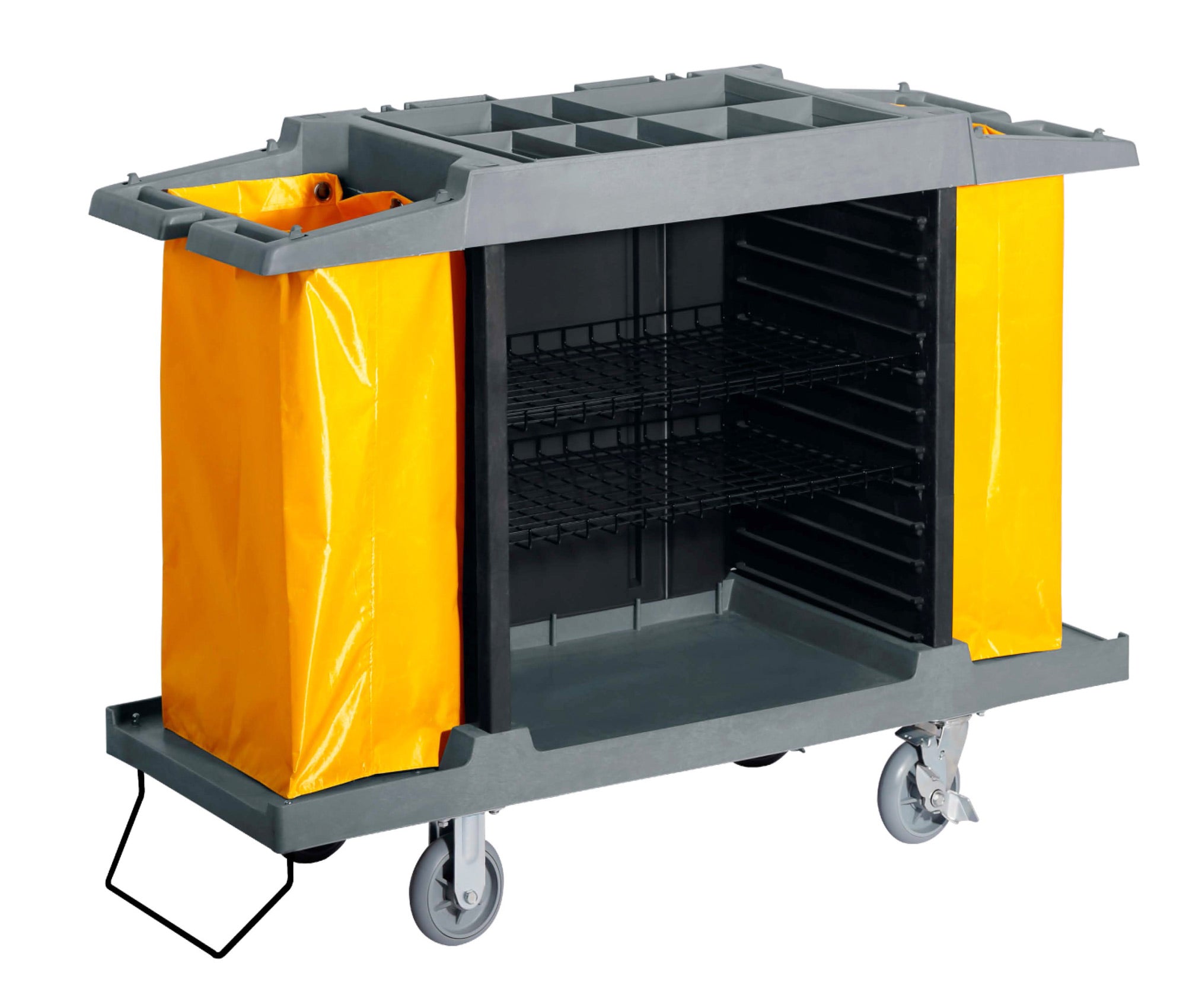 Heavy Duty Housekeeping Cart - High Capacity Storage with Two Garbage Bags Place - Black