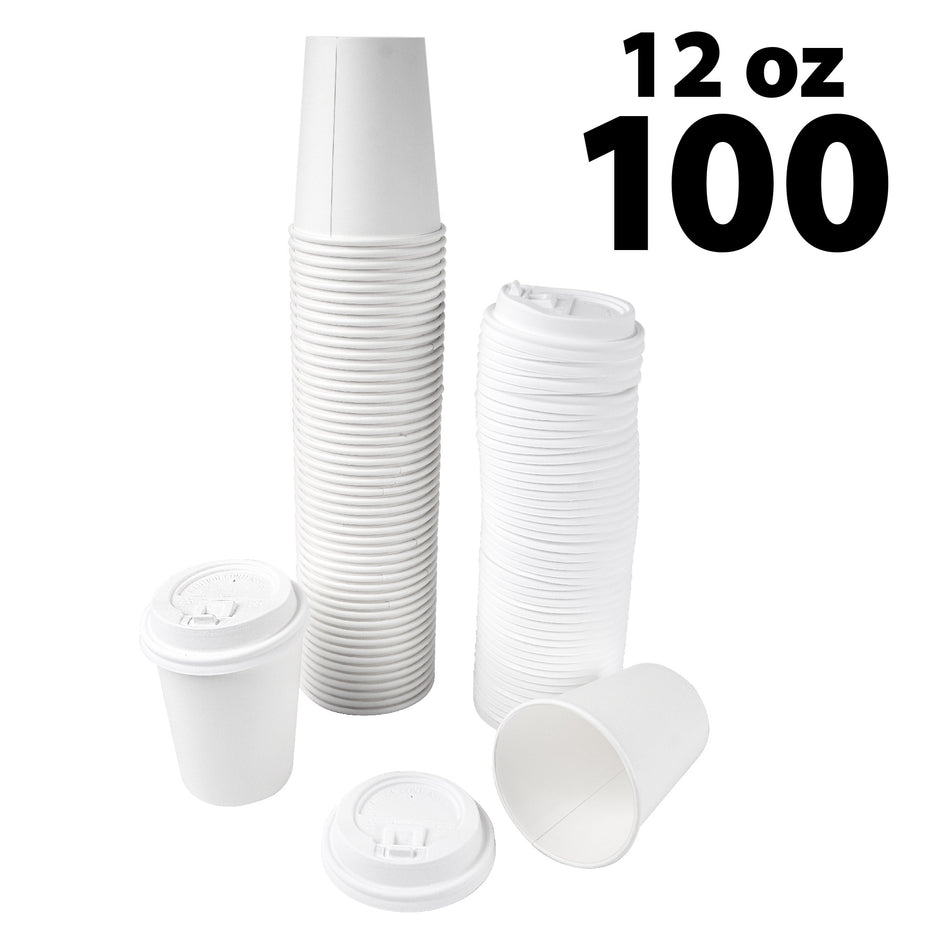 Disposable White Coffee Cups & covers - 12 oz -100 pack