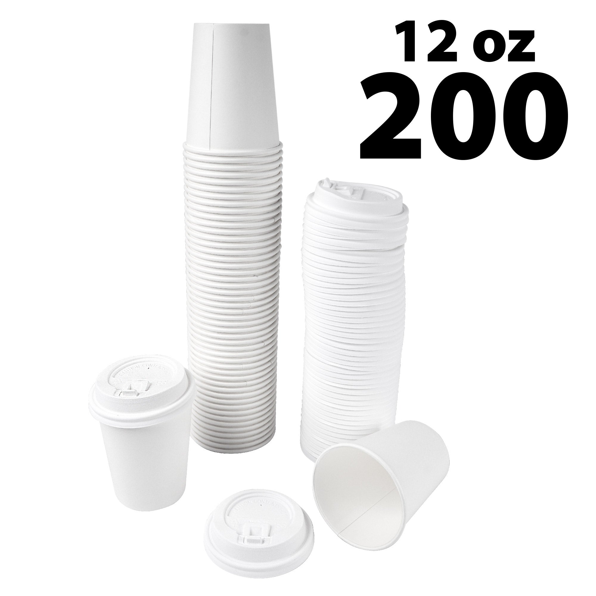Disposable White Coffee Cups & covers - 12 oz - 200 pack