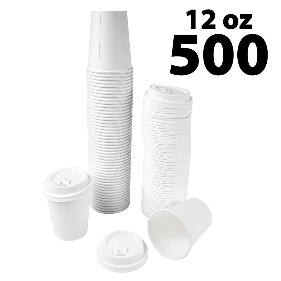 Disposable White Coffee Cups & covers - 12 oz -500 pack