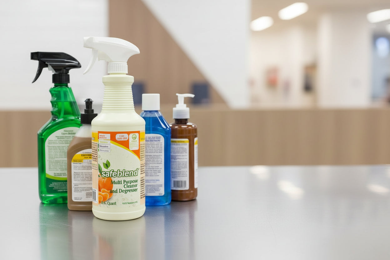 5 cleaning bottles on a table that is inside of an office