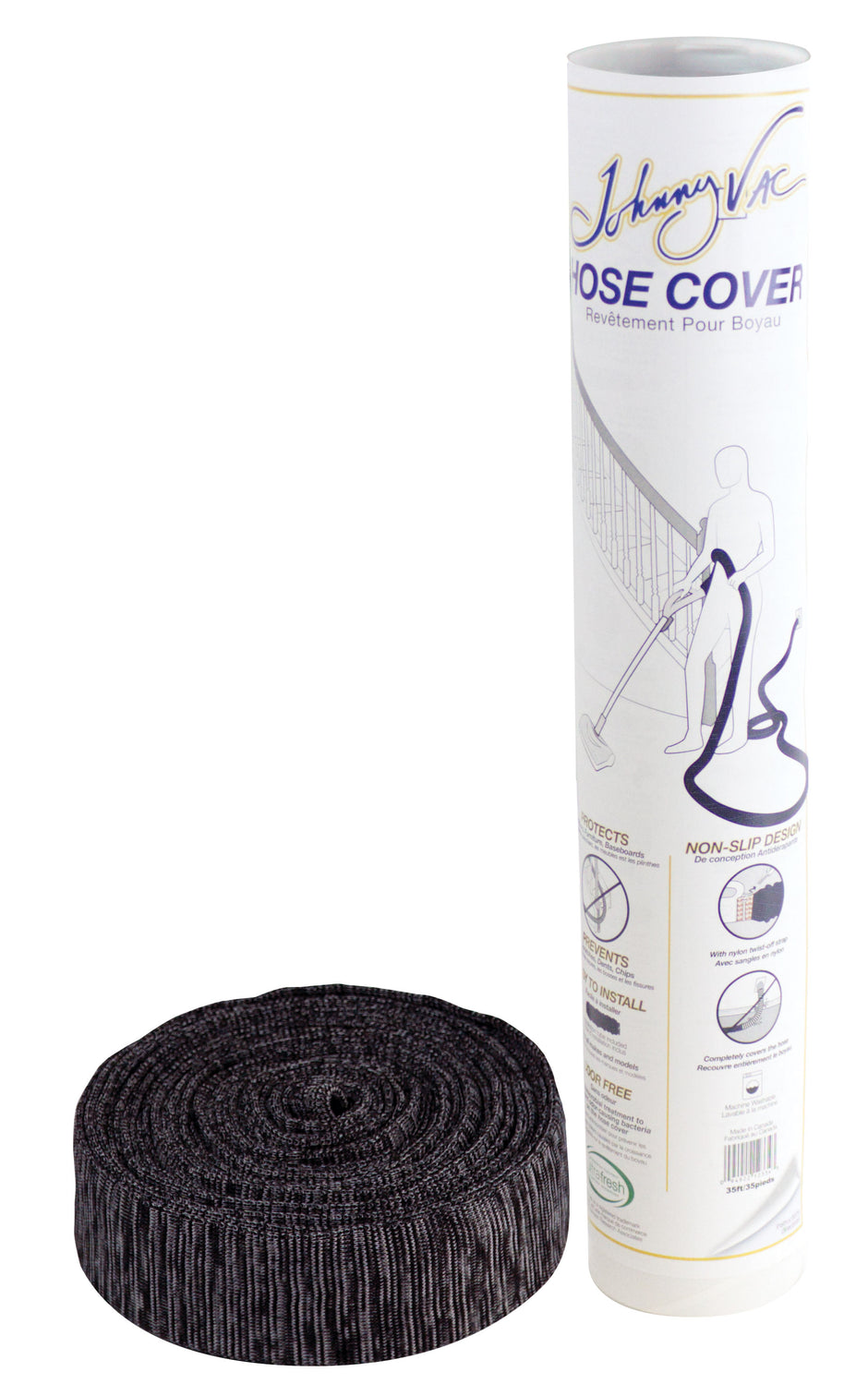 Cover for 35' (10 m) Hose of Central Vacuum Cleaner - with Nylon Twist-off Straps and the Cardboard Installation Tube - Johnny Vac - Grey