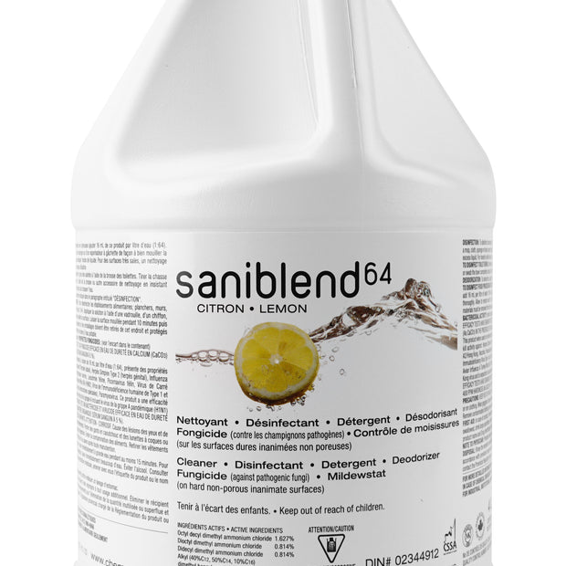 Saniblend - Cleaner - Deodorizer - Disinfectant - Concentrated - Lemon - 1.06 gal (4 L) - Safeblend S64LGW4 - Disinfectant for use against coronavirus (COVID-19) DIN# 02344912