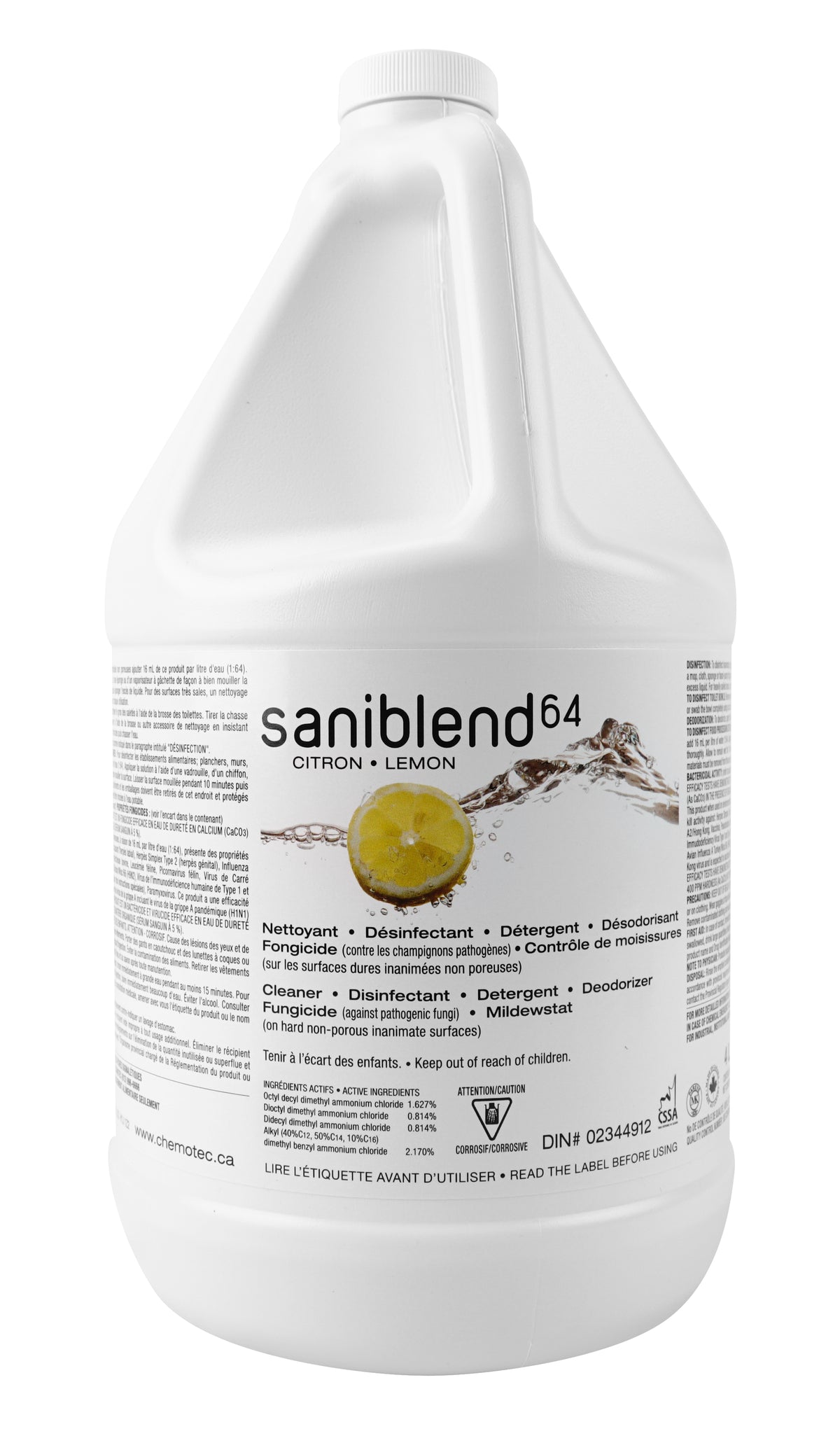 Saniblend - Cleaner - Deodorizer - Disinfectant - Concentrated - Lemon - 1.06 gal (4 L) - Safeblend S64LGW4 - Disinfectant for use against coronavirus (COVID-19) DIN# 02344912